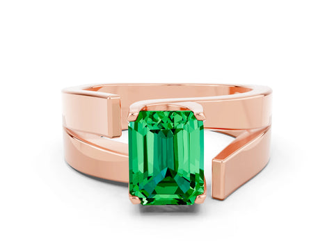 Rose gold Modern Tension Set Emerald Cut Emerald Solitaire Wide Band Ring