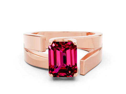 Rose gold Modern Tension Set Emerald Cut Garnet Solitaire Wide Band Ring_21