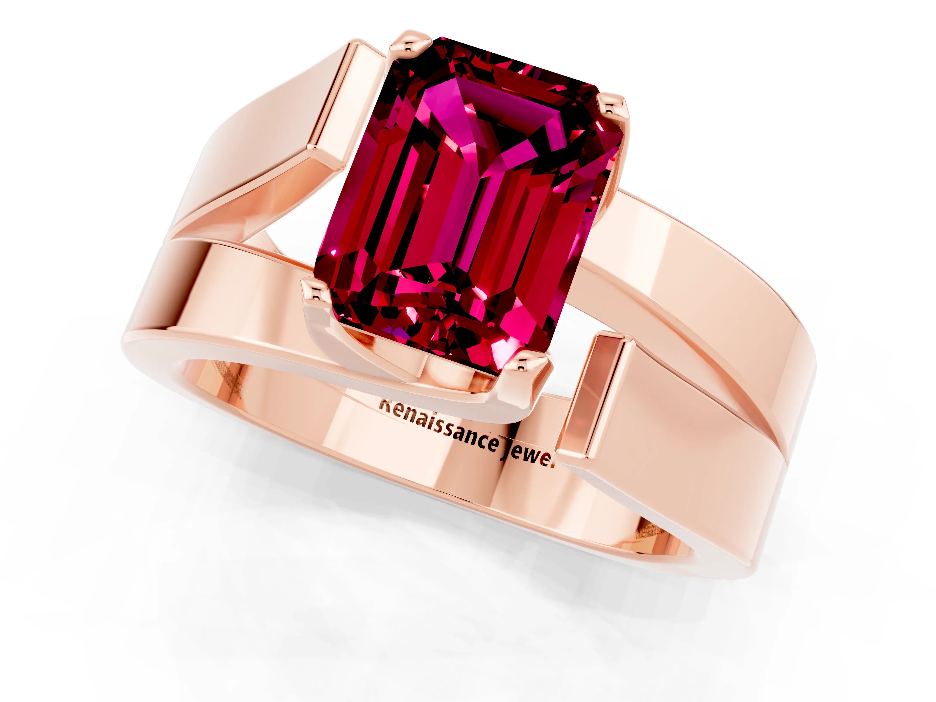 Rose gold Modern Tension Set Emerald Cut Garnet Solitaire Wide Band Ring_22