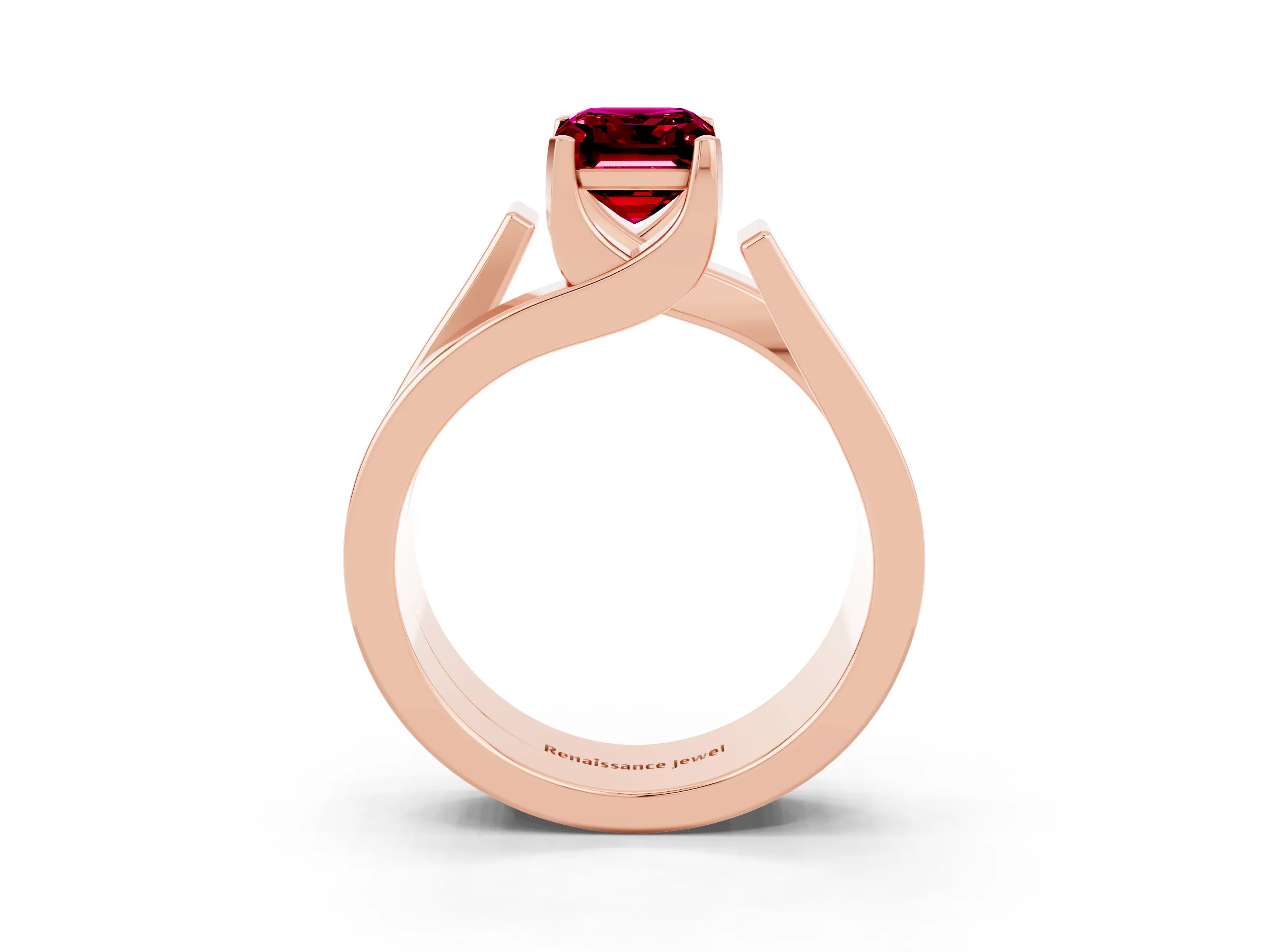 Rose gold Modern Tension Set Emerald Cut Garnet Solitaire Wide Band Ring_24