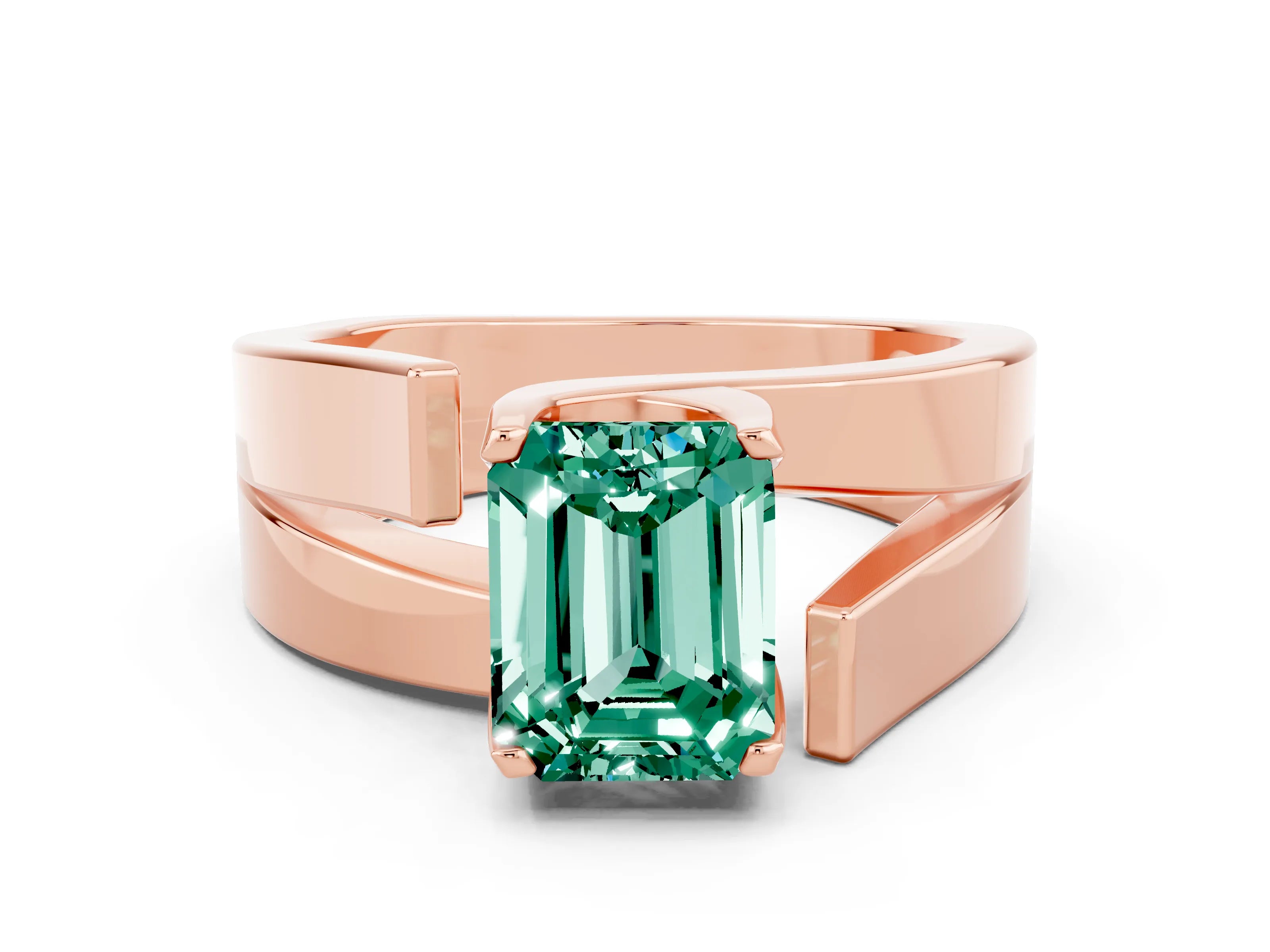 Rose gold Modern Tension Set Emerald Cut Green Sapphire Solitaire Wide Band Ring