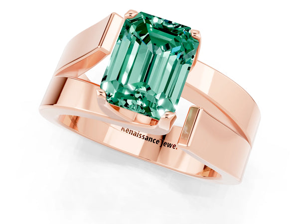 Rose gold Modern Tension Set Emerald Cut Green Sapphire Solitaire Wide Band Ring
