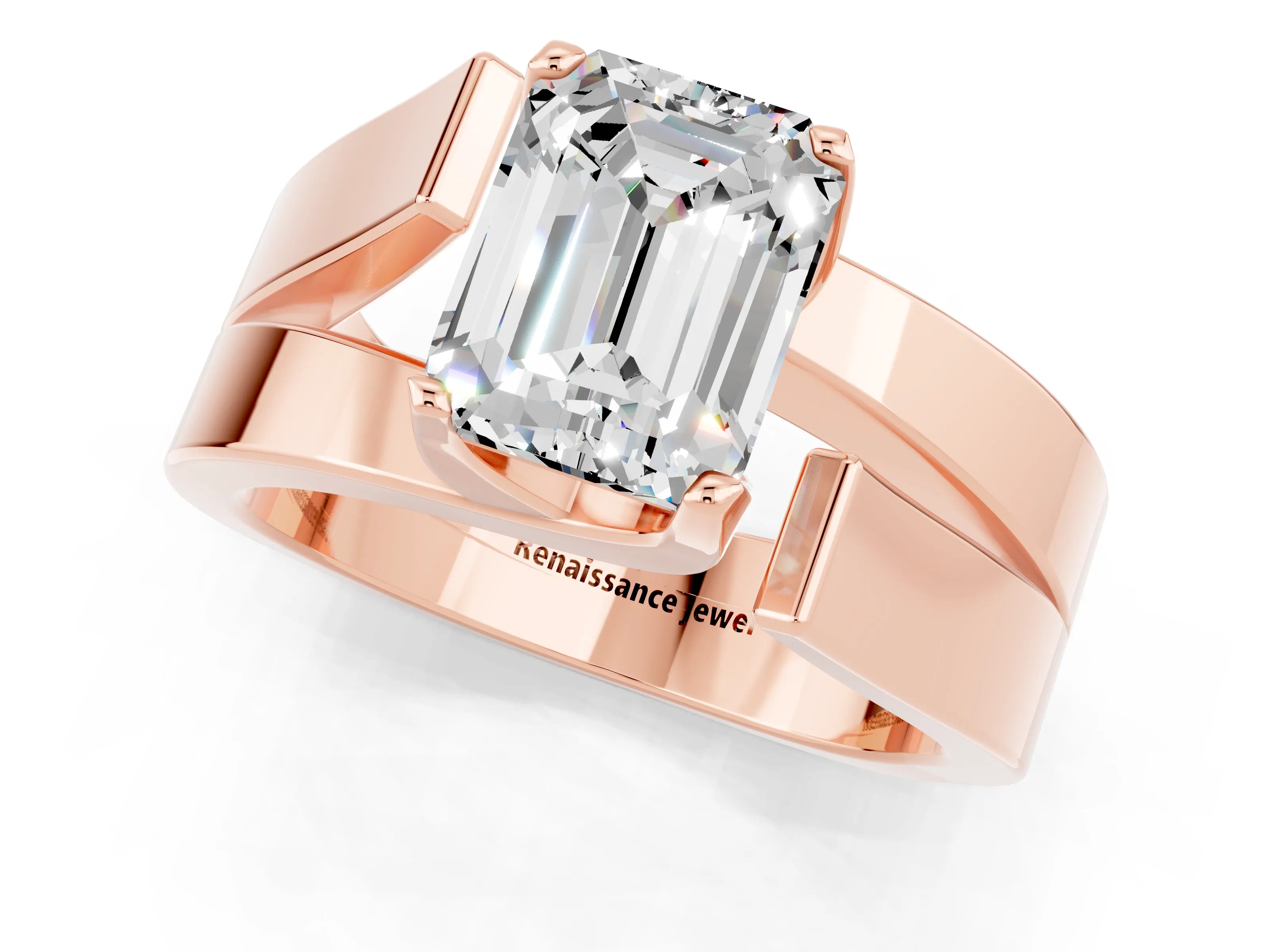 Rose gold Modern Tension Set Emerald Cut Moissanite Solitaire Wide Band Ring_1