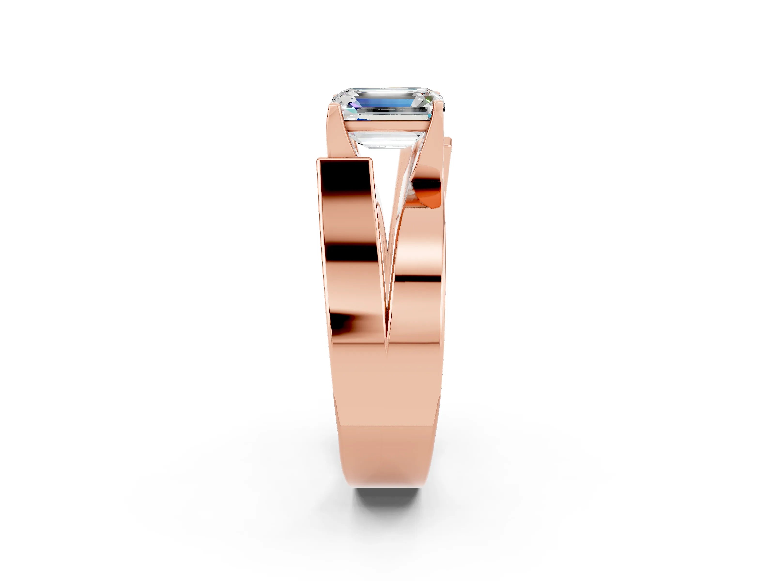 Rose gold Modern Tension Set Emerald Cut Moissanite Solitaire Wide Band Ring_2