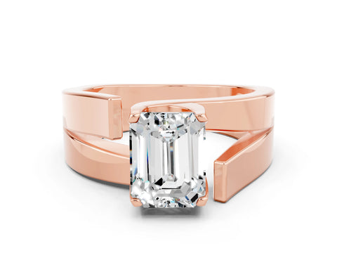 Rose gold Modern Tension Set Emerald Cut Moissanite Solitaire Wide Band Ring