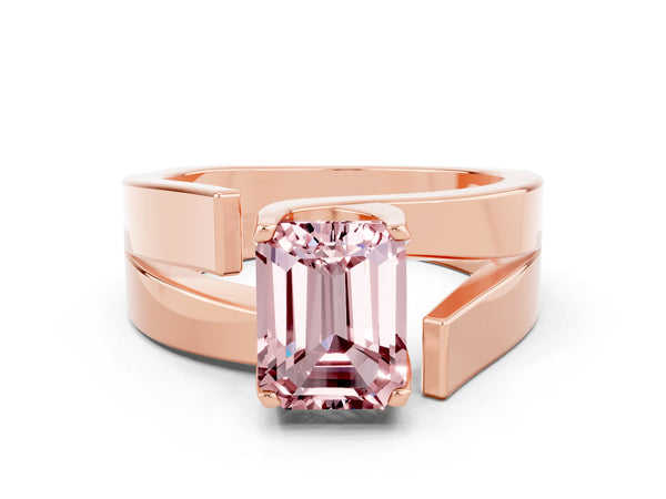 Rose gold Modern Tension Set Emerald Cut Morganite Solitaire Wide Band Ring