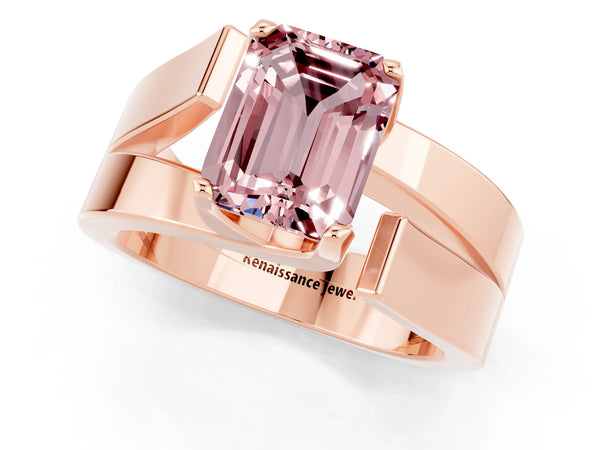 Rose gold Modern Tension Set Emerald Cut Morganite Solitaire Wide Band Ring
