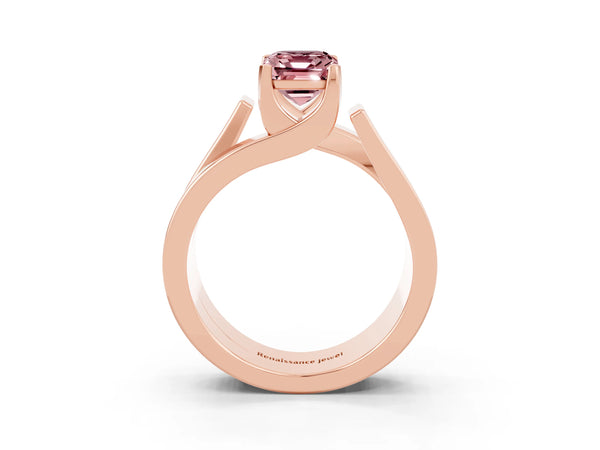Rose gold Modern Tension Set Emerald Cut Morganite Solitaire Wide Band Ring