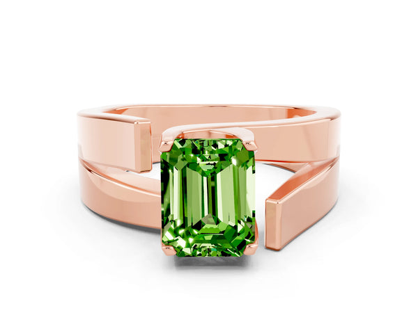 Rose gold Modern Tension Set Emerald Cut Peridot Solitaire Wide Band Ring