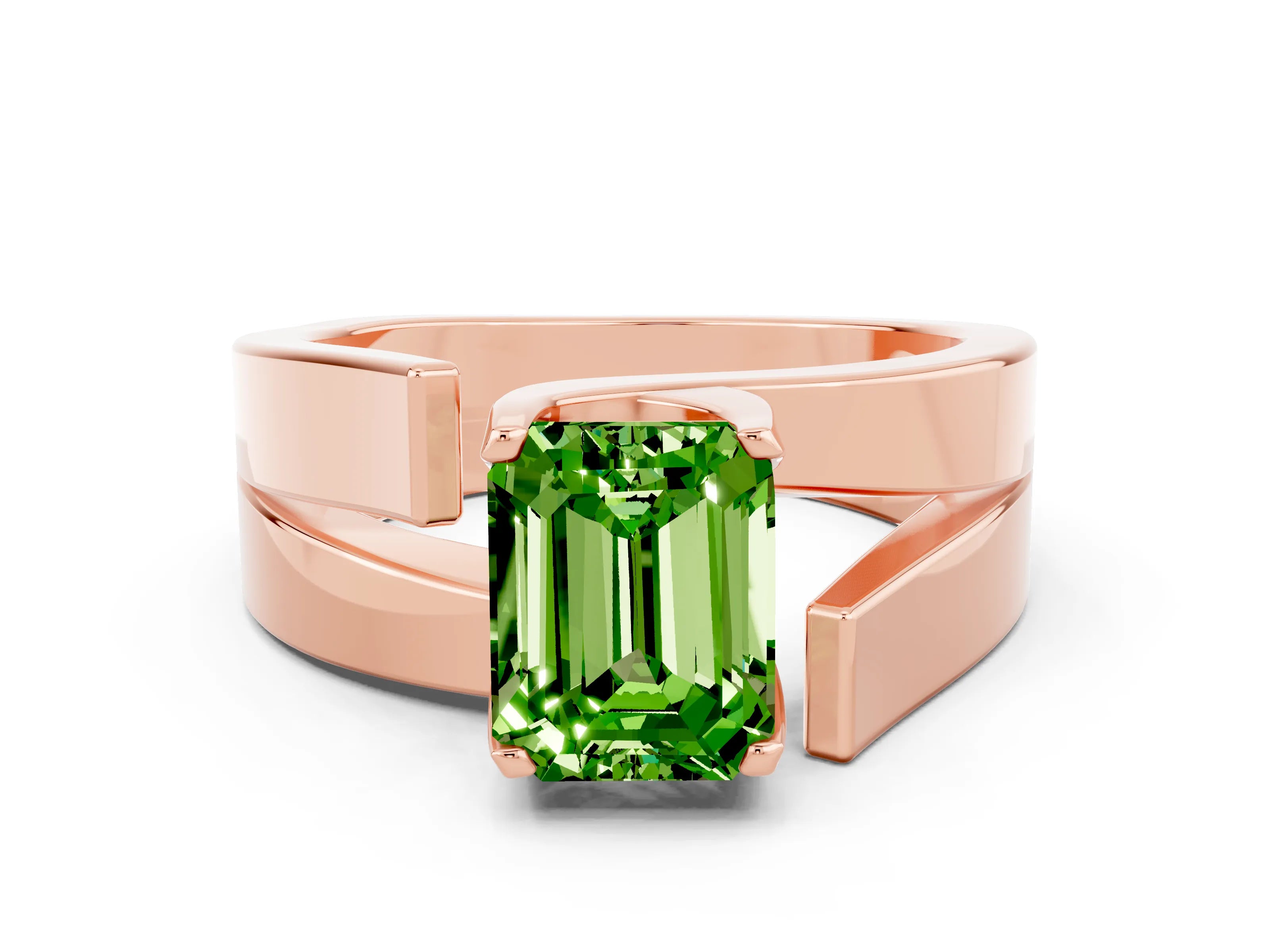 Rose gold Modern Tension Set Emerald Cut Peridot Solitaire Wide Band Ring_12
