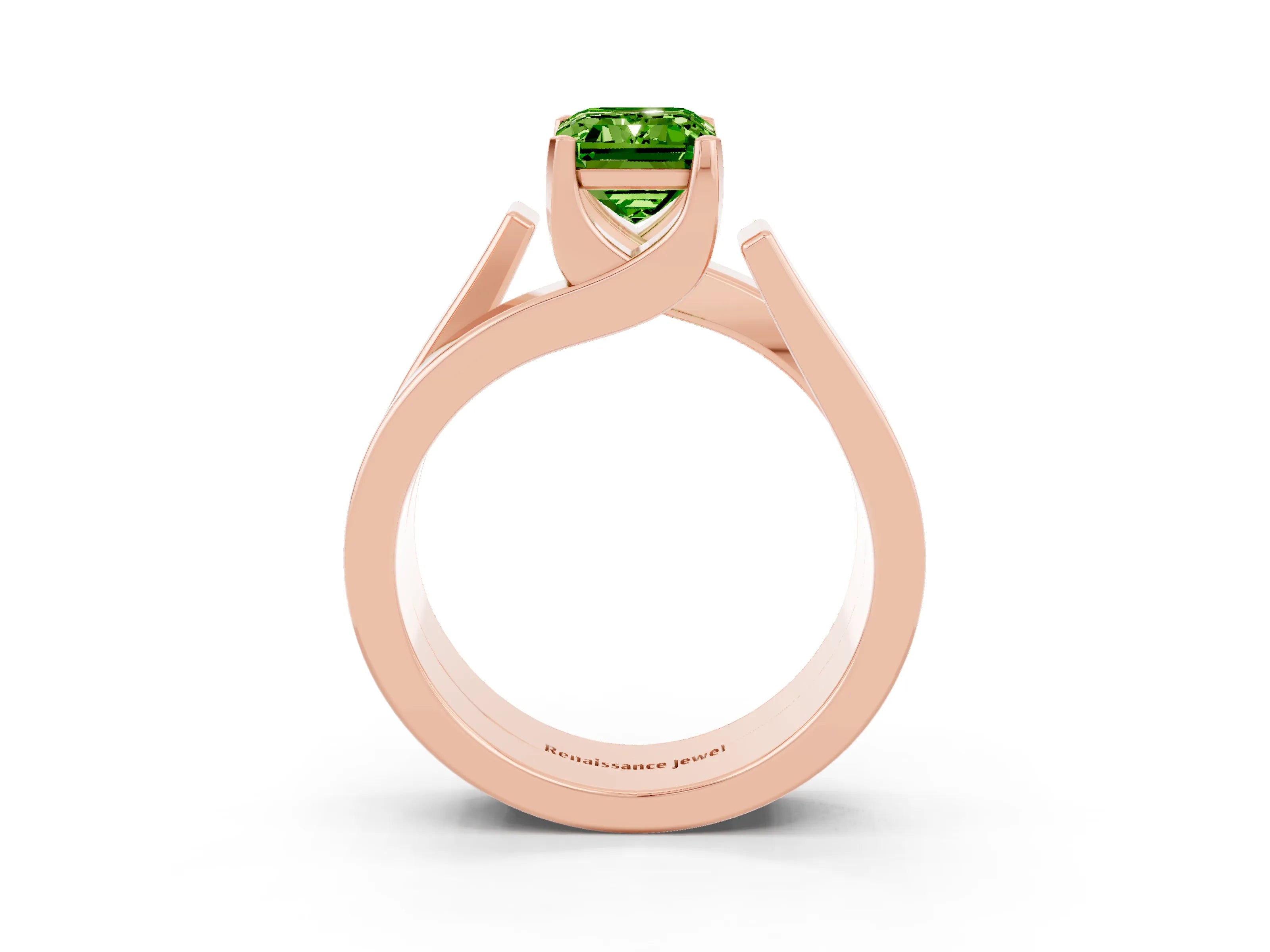Rose gold Modern Tension Set Emerald Cut Peridot Solitaire Wide Band Ring_15