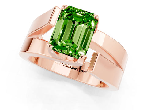 Rose gold Modern Tension Set Emerald Cut Peridot Solitaire Wide Band Ring_1