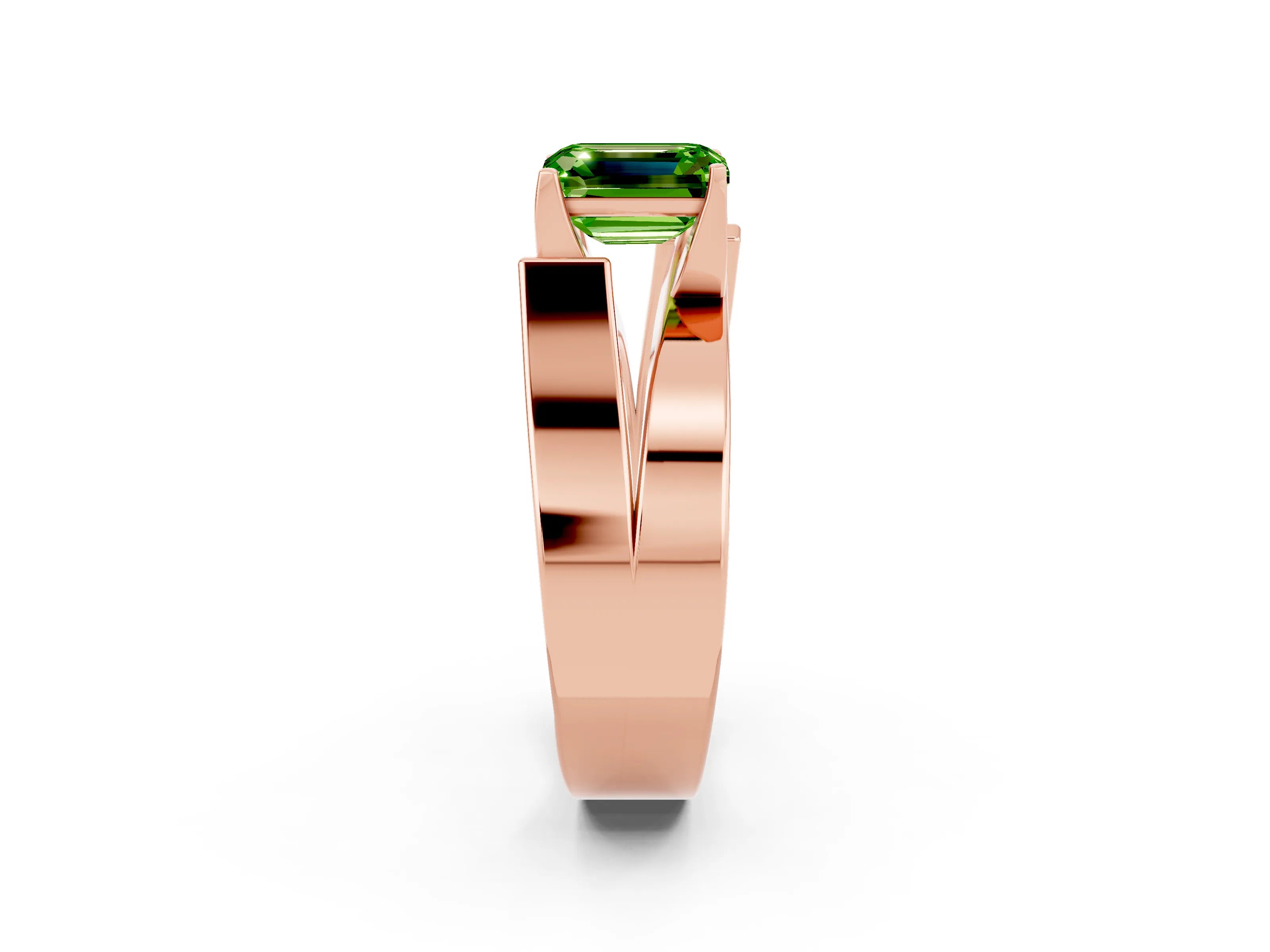Rose gold Modern Tension Set Emerald Cut Peridot Solitaire Wide Band Ring_2