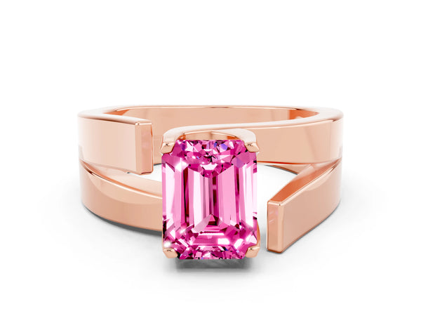 Rose gold Modern Tension Set Emerald Cut Pink Sapphire Solitaire Wide Band Ring