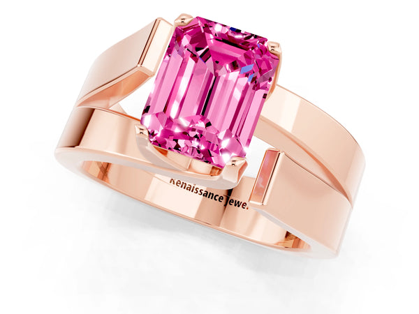 Rose gold Modern Tension Set Emerald Cut Pink Sapphire Solitaire Wide Band Ring
