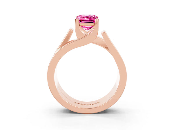 Rose gold Modern Tension Set Emerald Cut Pink Sapphire Solitaire Wide Band Ring
