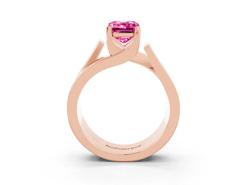Rose gold Modern Tension Set Emerald Cut Pink Sapphire Solitaire Wide Band Ring_15