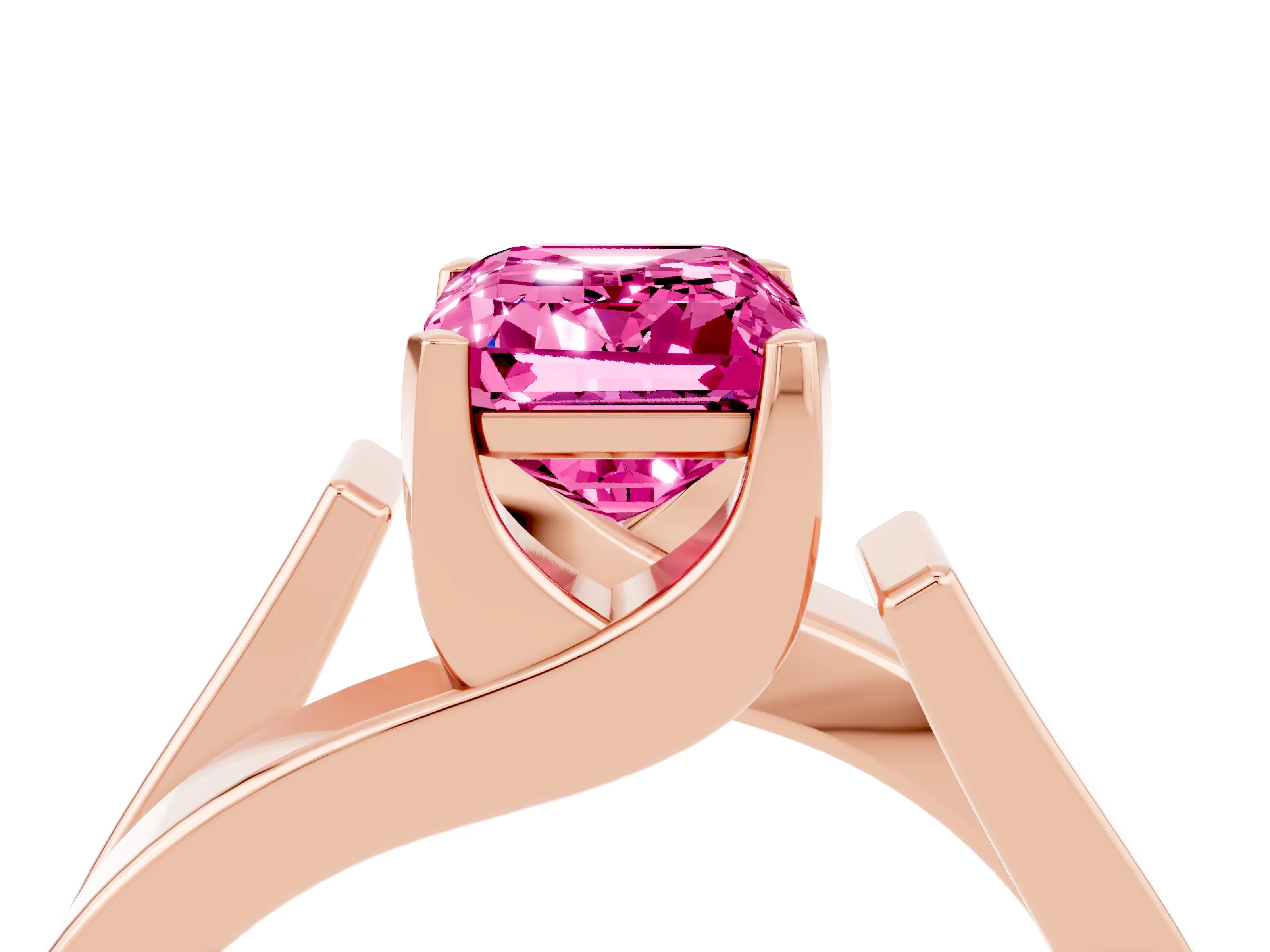 Rose gold Modern Tension Set Emerald Cut Pink Sapphire Solitaire Wide Band Ring_16