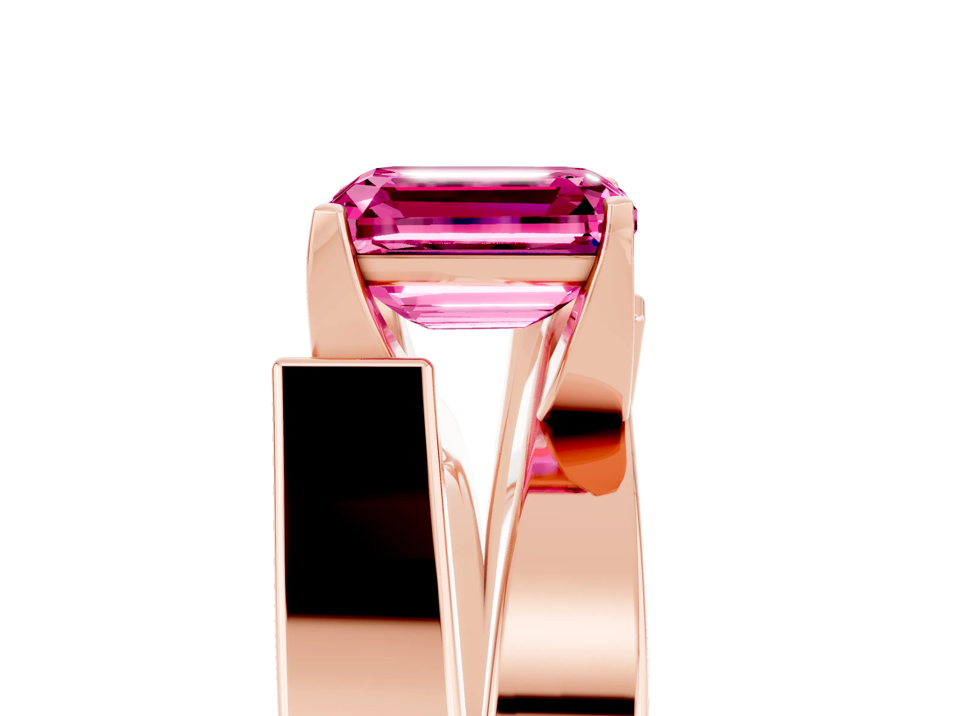 Rose gold Modern Tension Set Emerald Cut Pink Sapphire Solitaire Wide Band Ring_17