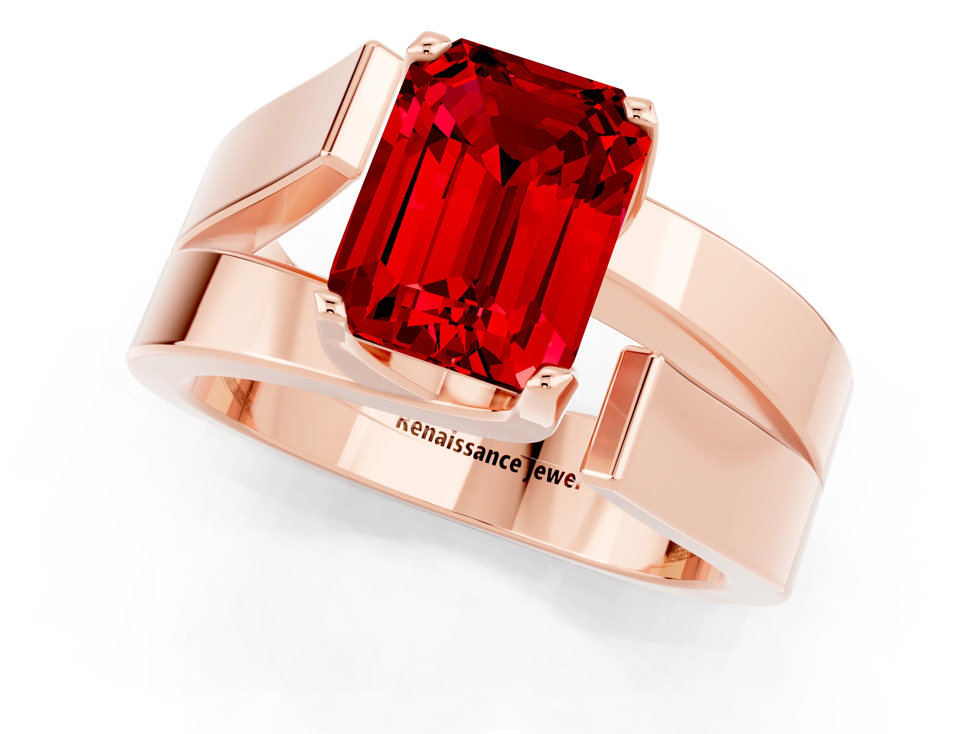 Rose gold Modern Tension Set Emerald Cut Ruby Solitaire Wide Band Ring_1