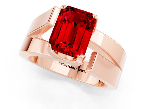 Rose gold Modern Tension Set Emerald Cut Ruby Solitaire Wide Band Ring
