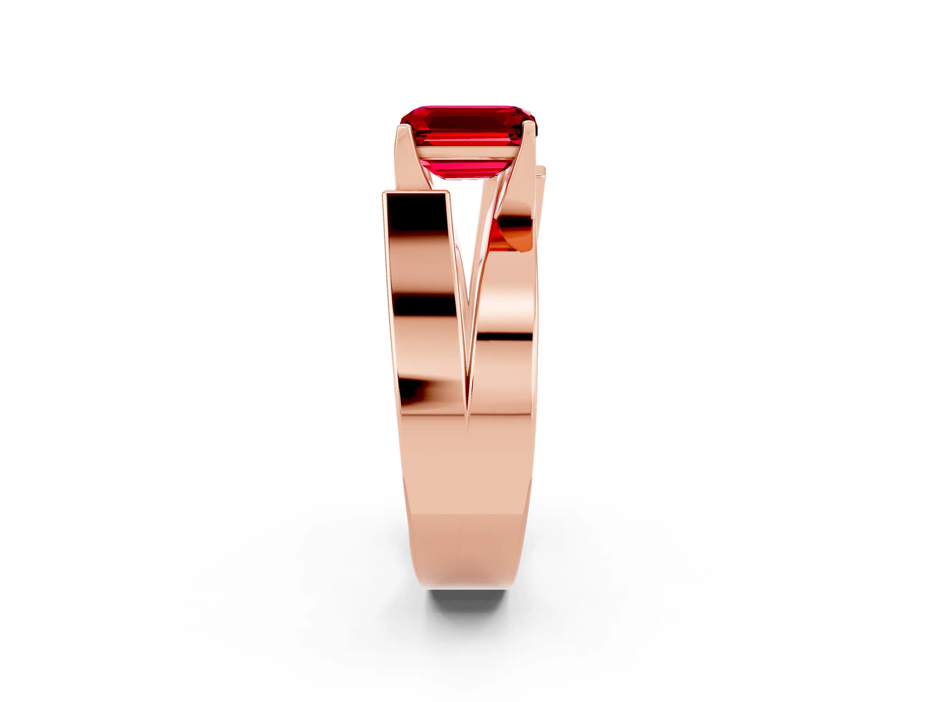 Rose gold Modern Tension Set Emerald Cut Ruby Solitaire Wide Band Ring_2