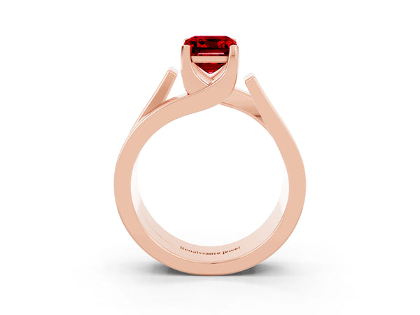 Rose gold Modern Tension Set Emerald Cut Ruby Solitaire Wide Band Ring