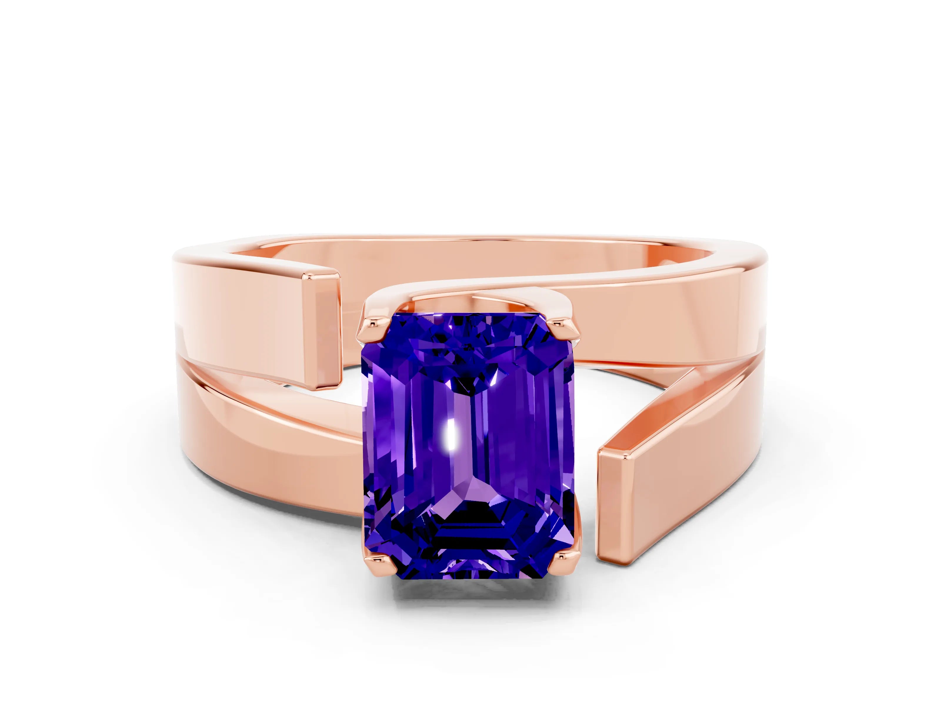 Rose gold Modern Tension Set Emerald Cut Tanzanite Solitaire Wide Band Ring