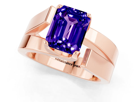 Rose gold Modern Tension Set Emerald Cut Tanzanite Solitaire Wide Band Ring_1