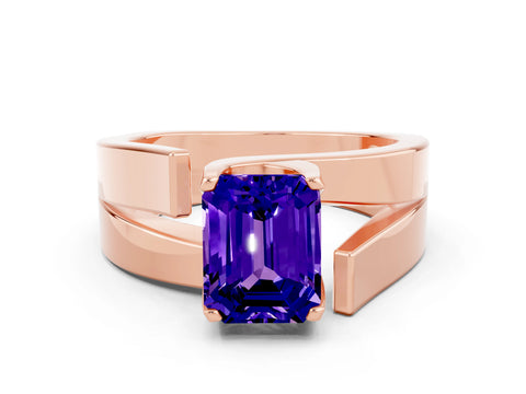 Rose gold Modern Tension Set Emerald Cut Tanzanite Solitaire Wide Band Ring