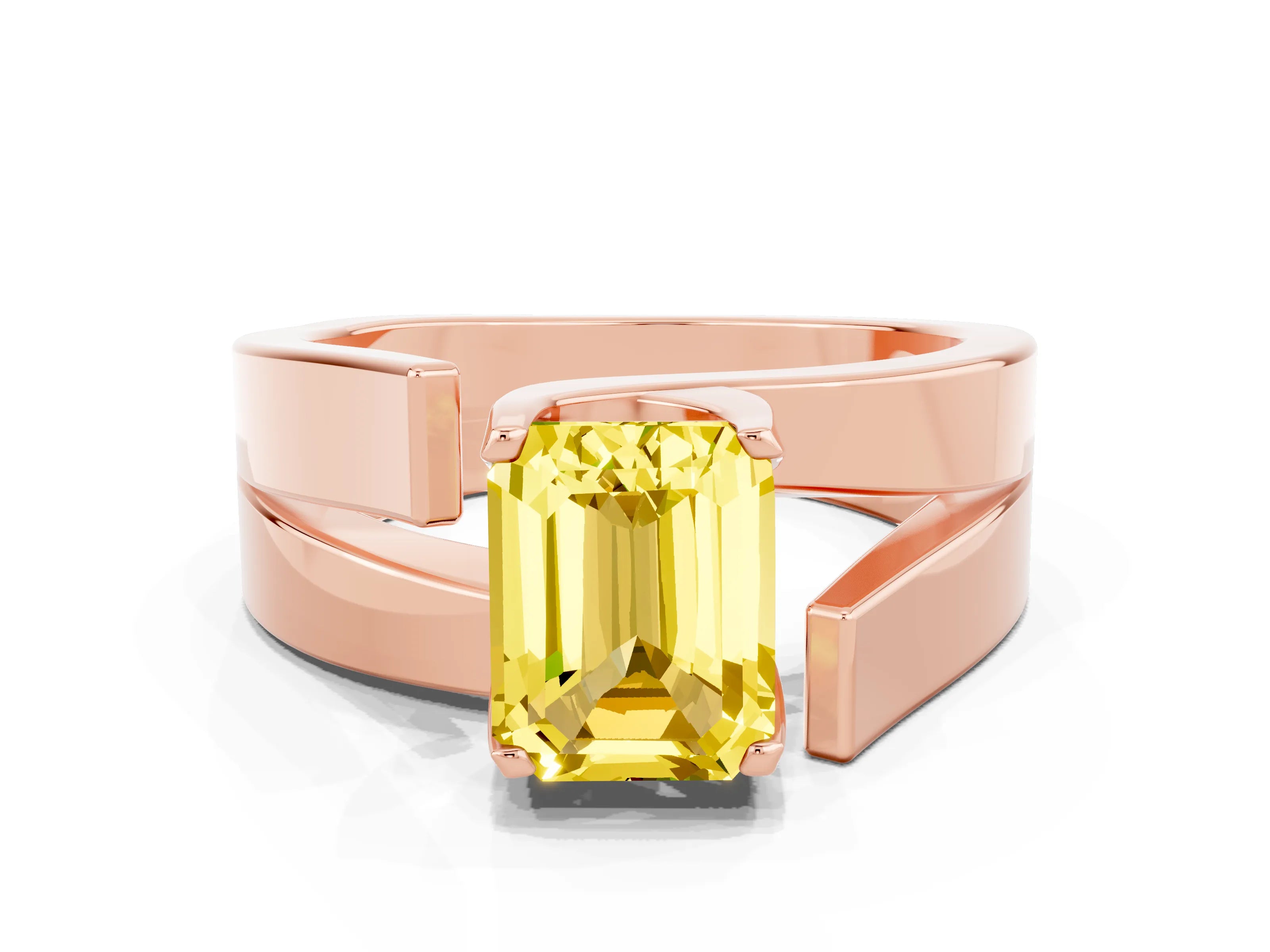 Rose gold Modern Tension Set Emerald Cut Yellow Sapphire Solitaire Wide Band Ring_12