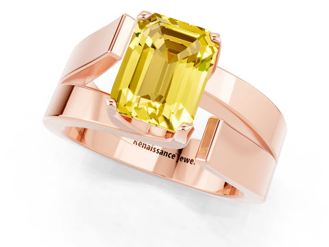 Rose gold Modern Tension Set Emerald Cut Yellow Sapphire Solitaire Wide Band Ring_13