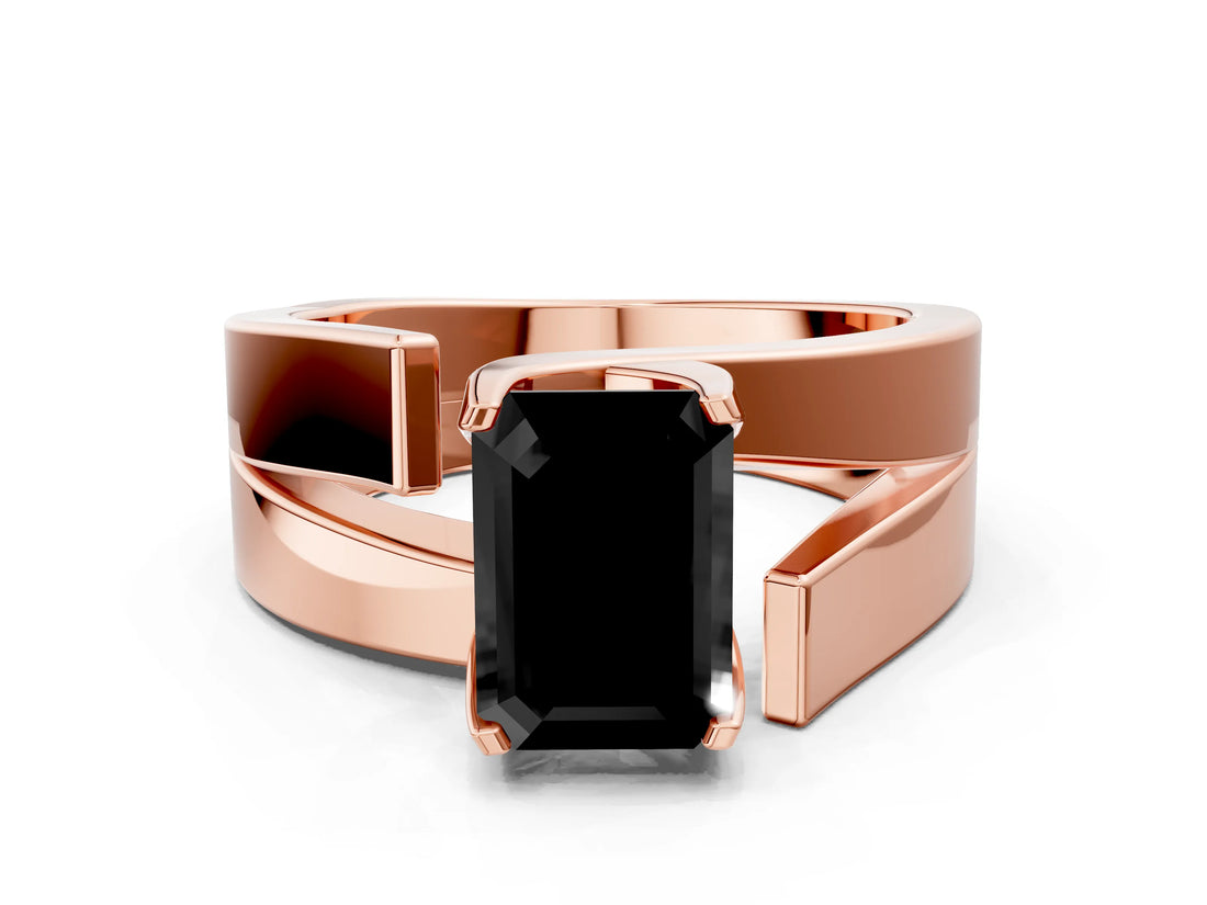 Rose gold Modern Tension Set Fancy Black Emerald Cut Solitaire Wide Band Ring