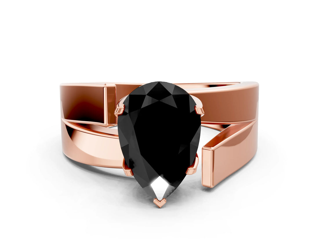 Rose gold Modern Tension Set Fancy Black Pear Cut Solitaire Wide Band Ring