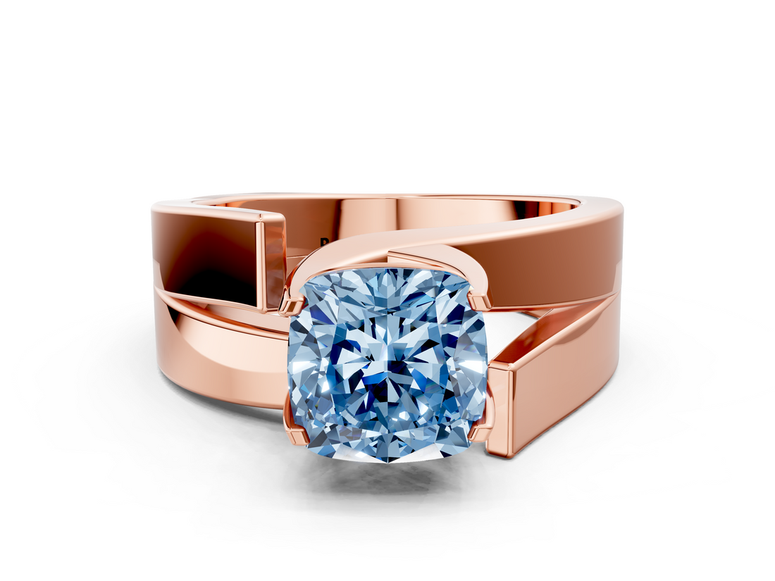 Rose gold Modern Tension Set Fancy Blue Cushion  Solitaire Wide Band Ring_62