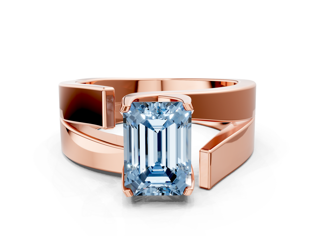 Rose gold Modern Tension Set Fancy Blue Emerald  Solitaire Wide Band Ring_99