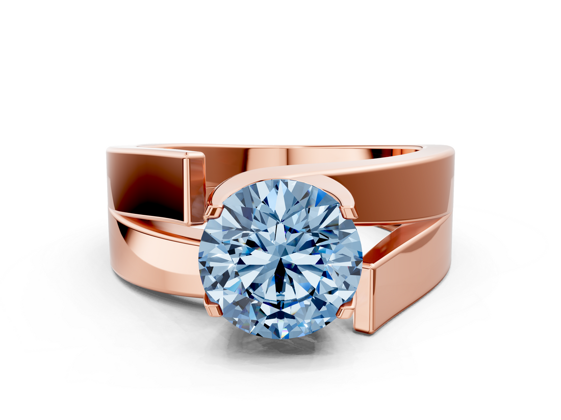 Rose gold Modern Tension Set Fancy Blue Round  Solitaire Wide Band Ring_97