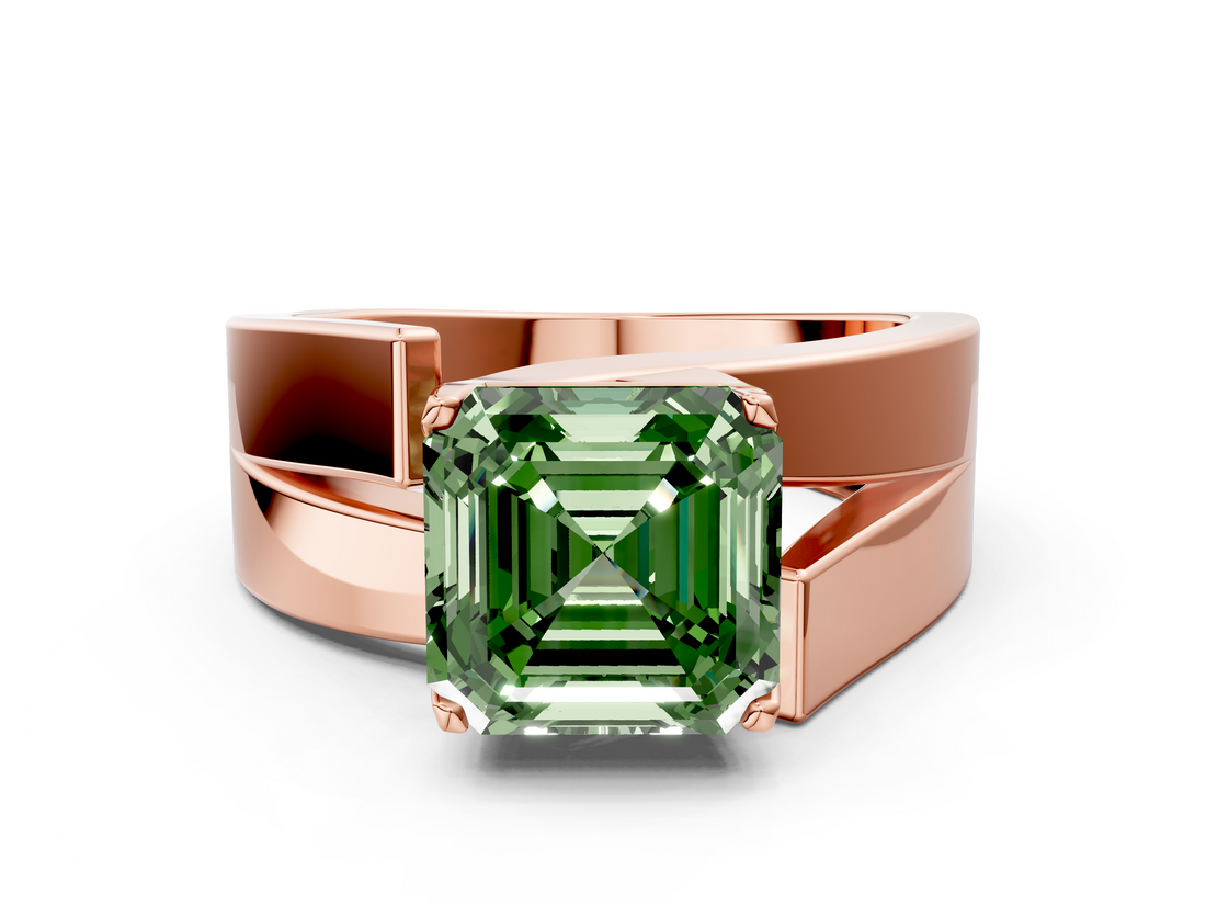 Rose gold Modern Tension Set Fancy Green Asscher  Solitaire Wide Band Ring_68