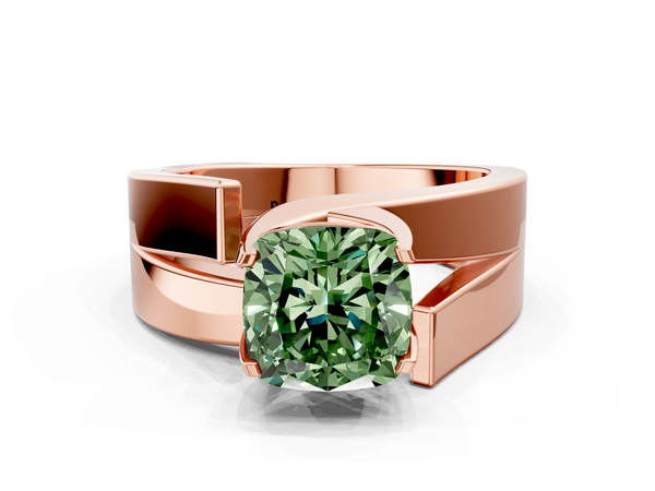Rose gold Modern Tension Set Fancy Green Cushion Cut Diamond Solitaire Wide Band Ring