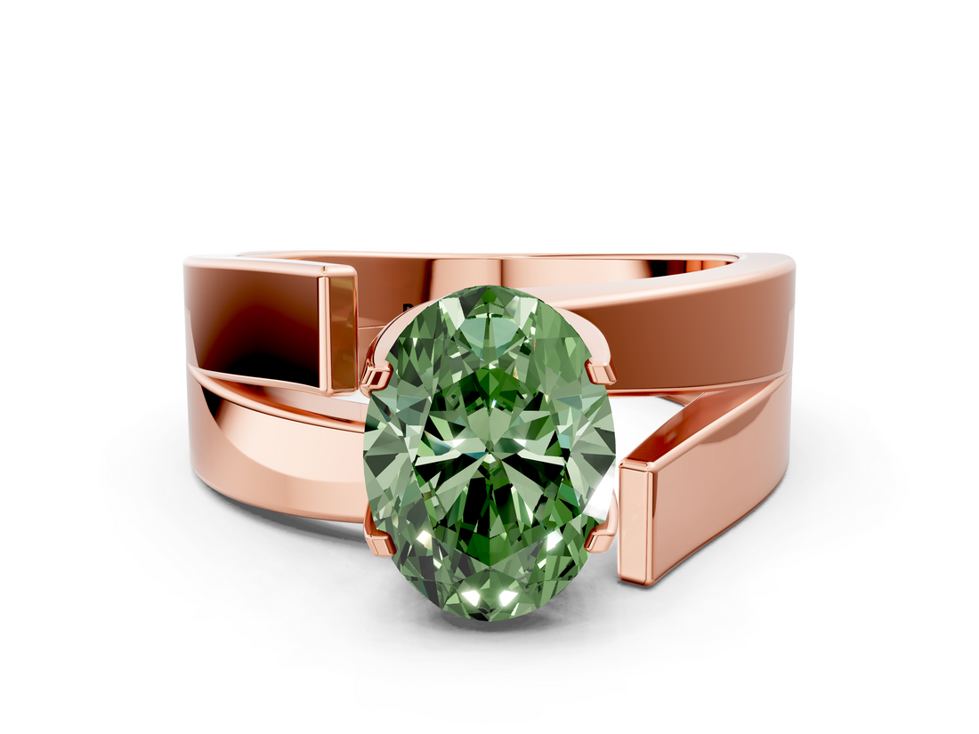 Rose gold Modern Tension Set Fancy Green Oval  Solitaire Wide Band Ring_79