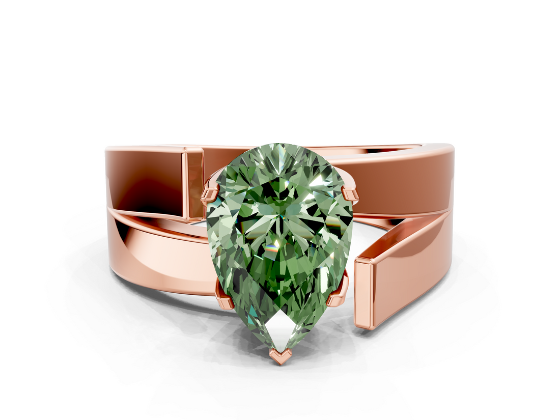Rose gold Modern Tension Set Fancy Green Pear  Solitaire Wide Band Ring_77