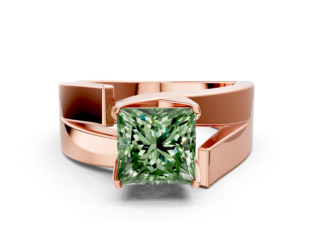 Rose gold Modern Tension Set Fancy Green Princess  Solitaire Wide Band Ring_17
