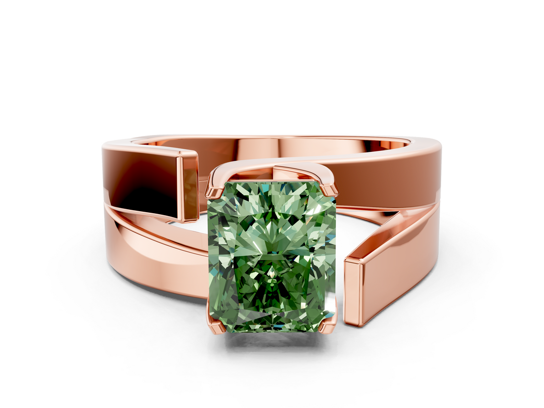 Rose gold Modern Tension Set Fancy Green Radiant  Solitaire Wide Band Ring_110