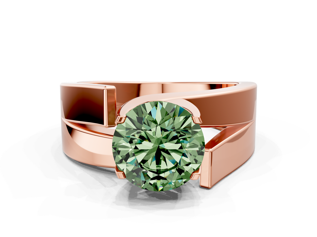 Rose gold Modern Tension Set Fancy Green Round  Solitaire Wide Band Ring_79
