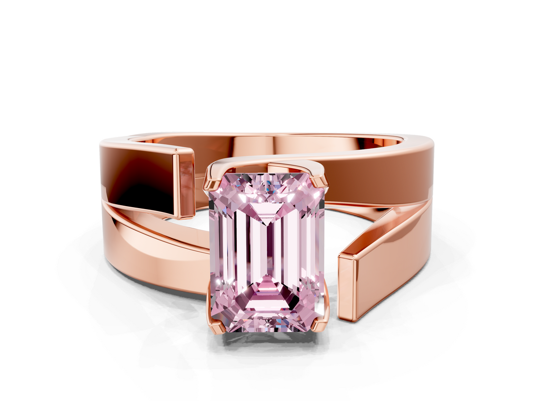 Rose gold Modern Tension Set Fancy Pink Emerald  Solitaire Wide Band Ring_96
