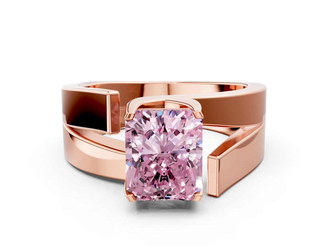 Rose gold Modern Tension Set Fancy Pink Radiant  Solitaire Wide Band Ring_99