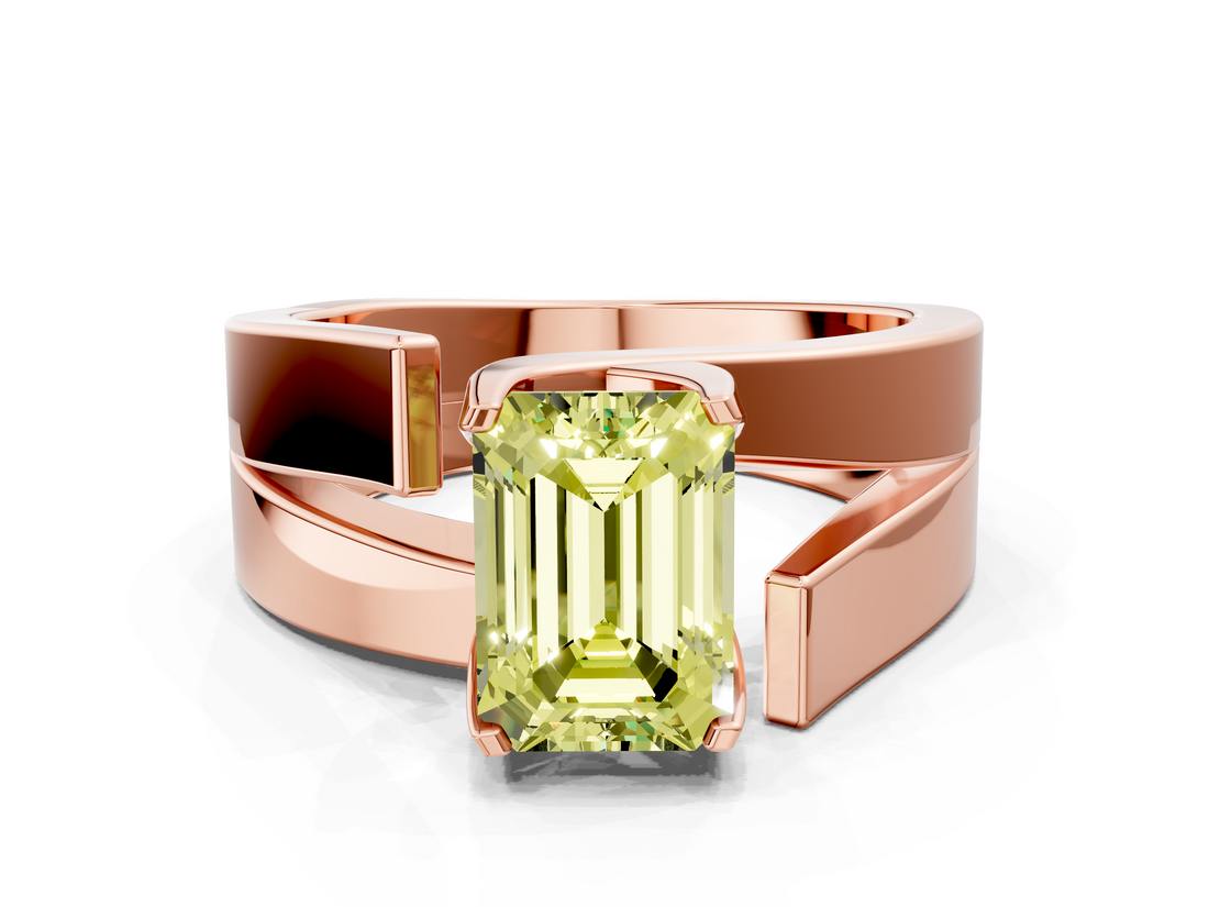 Rose gold Modern Tension Set Fancy Yellow Emerald  Solitaire Wide Band Ring_109