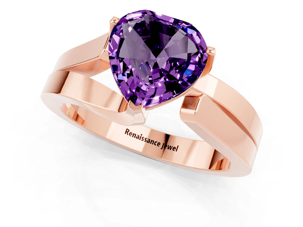 Rose gold Modern Tension Set Heart Cut Amethyst Solitaire Wide Band Ring