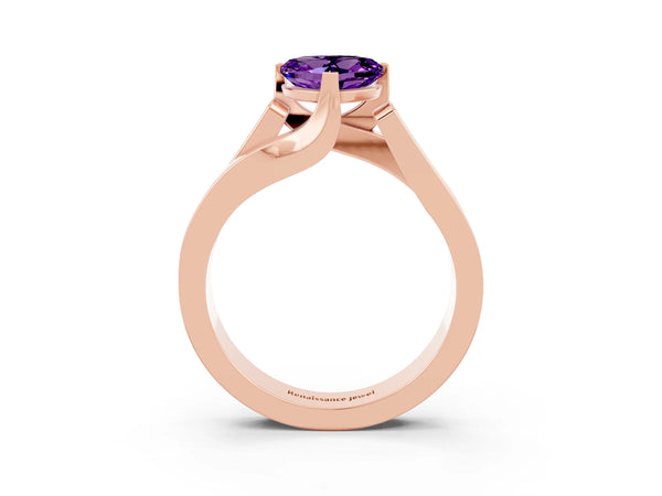 Rose gold Modern Tension Set Heart Cut Amethyst Solitaire Wide Band Ring
