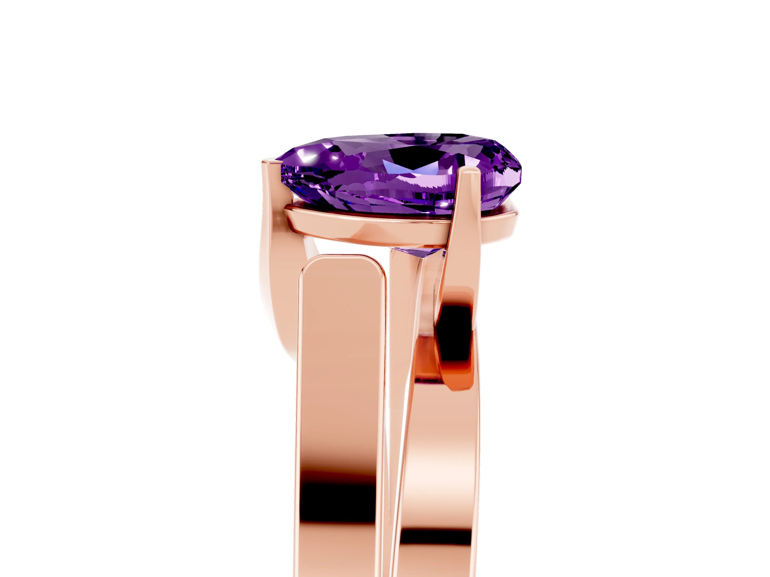 Rose gold Modern Tension Set Heart Cut Amethyst Solitaire Wide Band Ring_5